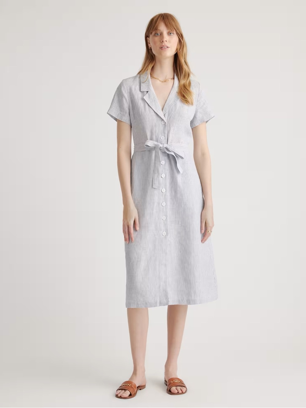 Quince Light Blue Button-Front Midi Dress with Tie Waist